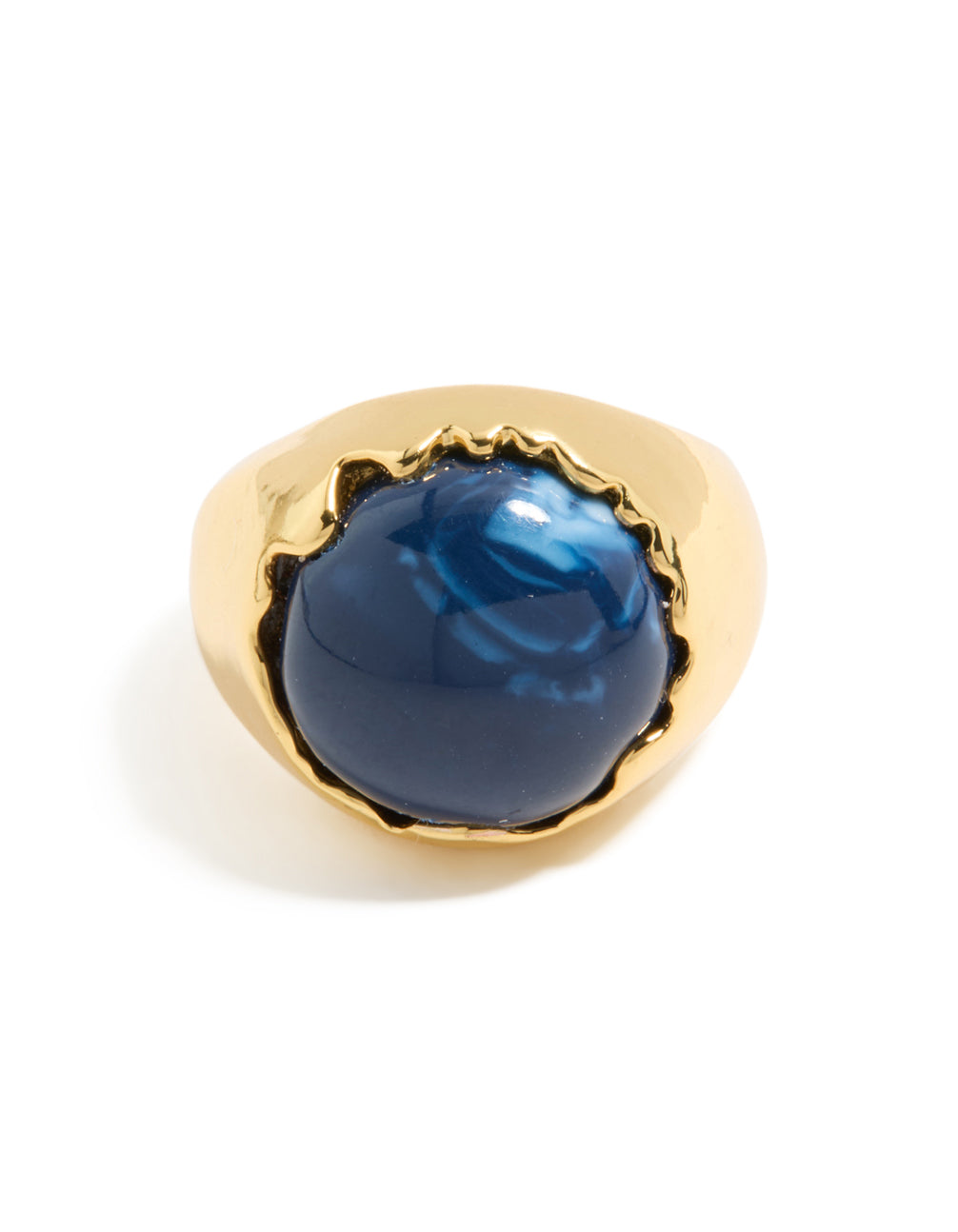Gold plated oversized blue jewel ring featuring navy gemstone front view