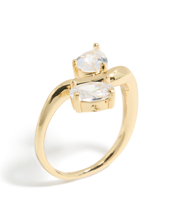 Featuring a gold plated modern double clear cubic zirconia ring with statement style side detail view
