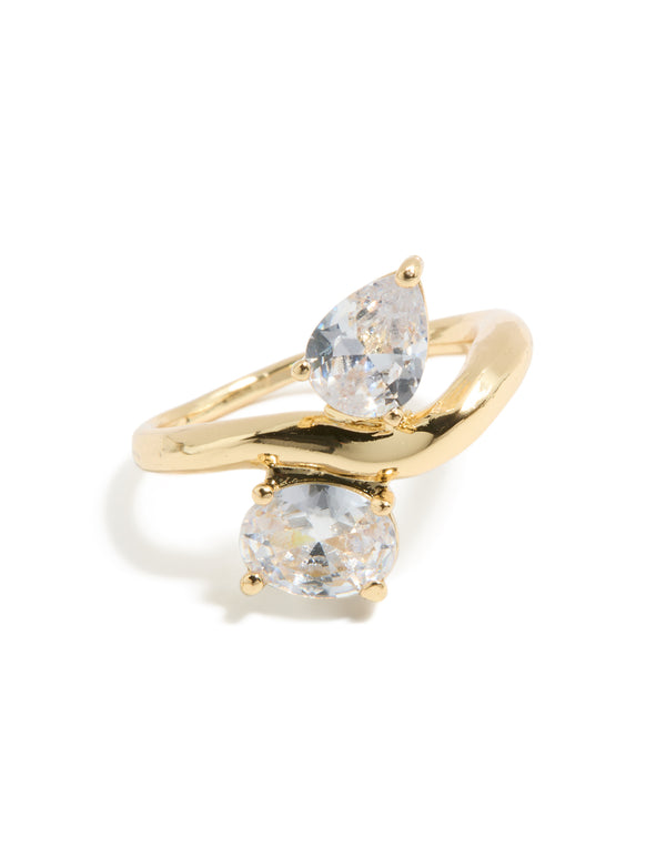 Presenting a gold plated modern double clear cubic zirconia ring with statement design front view