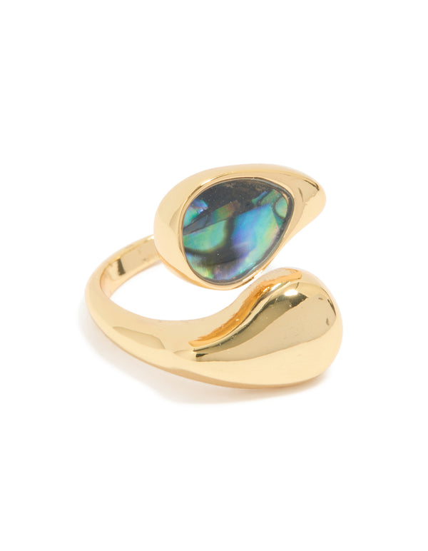 Gold Plated Chunky Wrap Blue & Green Marbled Bar Stone Ring