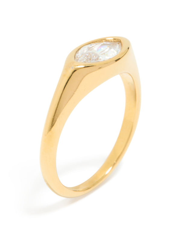 Showcasing waterproof stainless steel statement signet ring accent, featuring cubic zirconia in gold plated finish side detail view