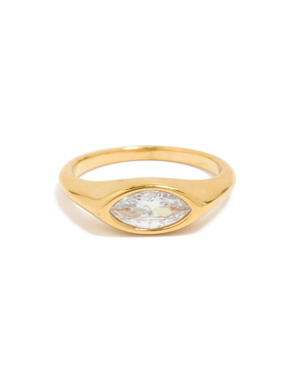 Stunning waterproof stainless steel statement signet ring design, featuring cubic zirconia in gold plated finish front view
