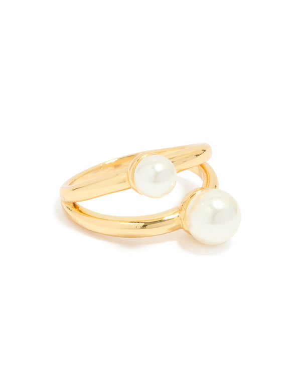 Elegant waterproof gold plated stainless steel pearls split band ring front view