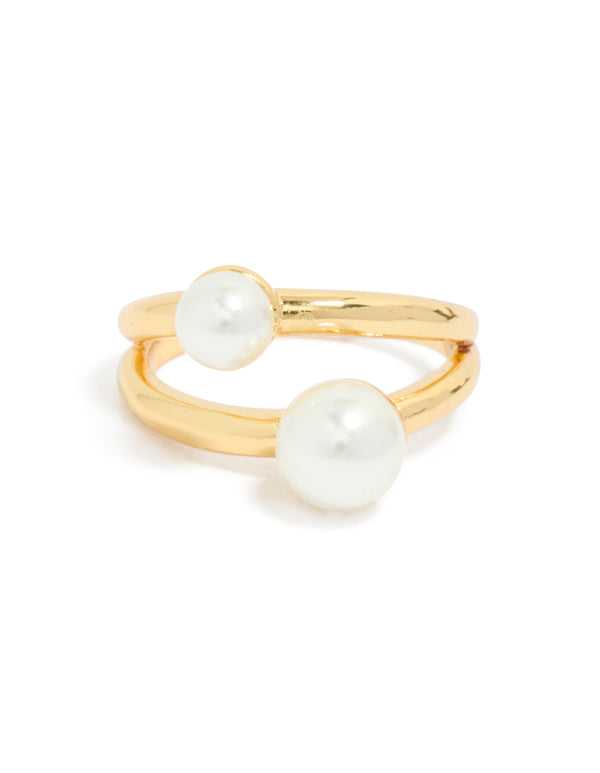This waterproof gold plated stainless steel pearls split band ring features accents side detail view