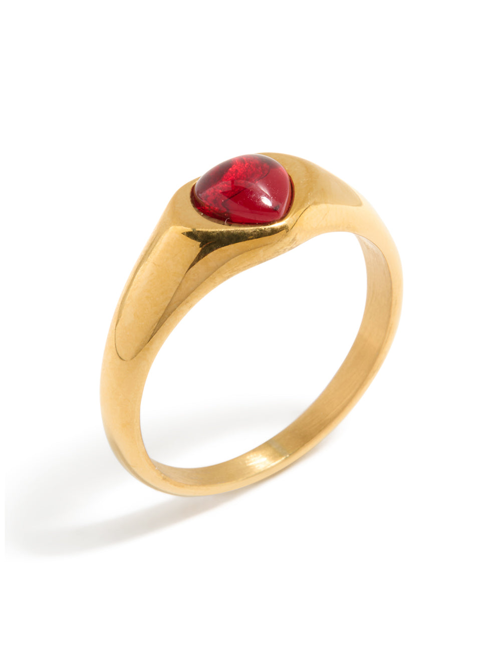 Crafted from waterproof gold plated stainless steel petite heart ring with crimson detailing close up view