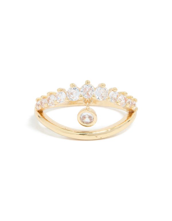 A gold plated cubic zirconia split charm ring featuring clear stones front view