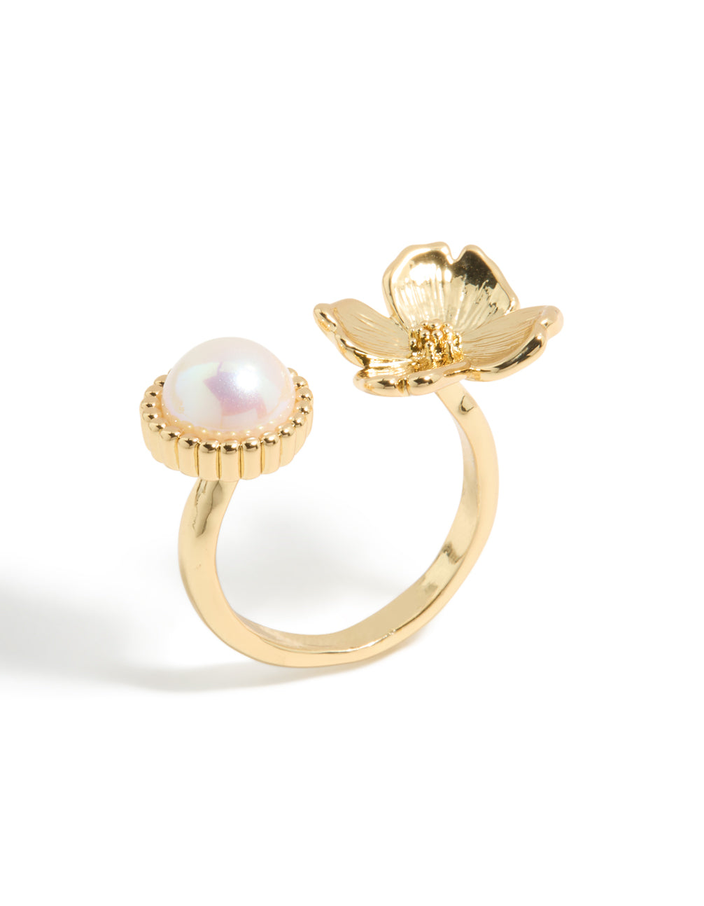 Beautiful gold plated pearl and flower ring with in floral statement style front view