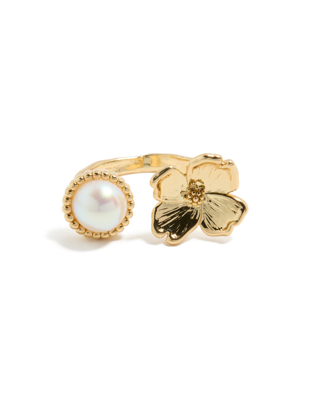 Stunning gold plated pearl and flower ring crafted with beads in floral statement design side detail view
