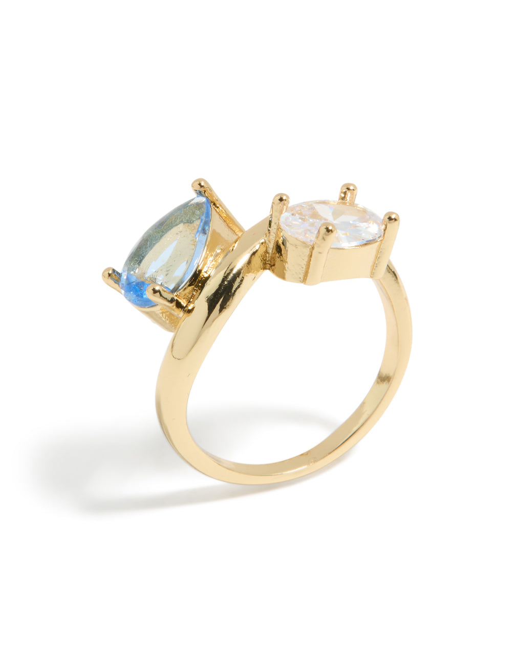 Beautifully crafted gold plated ring clear and blue cubic zirconia side detail view