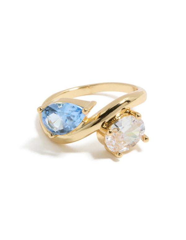 Gold plated ring clear and blue cubic zirconia frontview