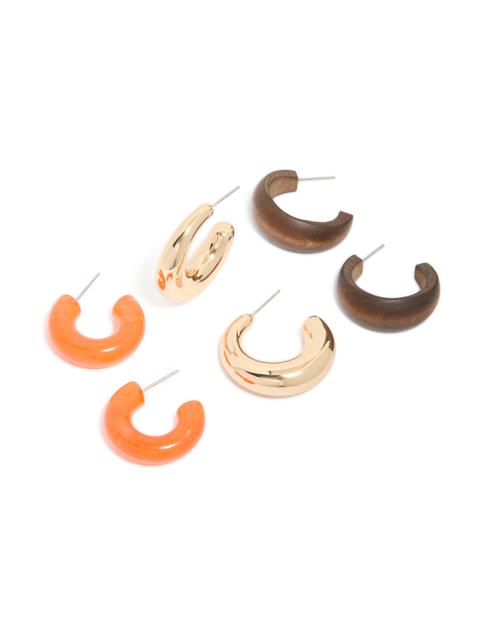 Gold Orange Acrylic & Wood Hoop Earrings 3-Pack