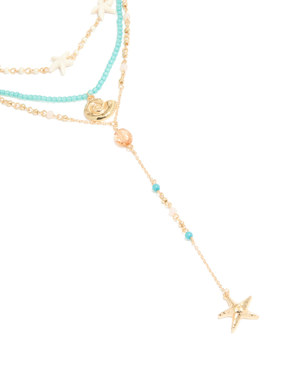 Gold Blue Beaded Shell & Starfish Layered Y-Necklace