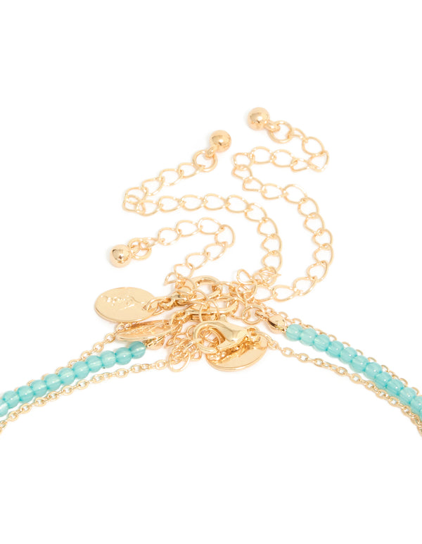 Gold Blue Beaded Shell & Starfish Layered Y-Necklace