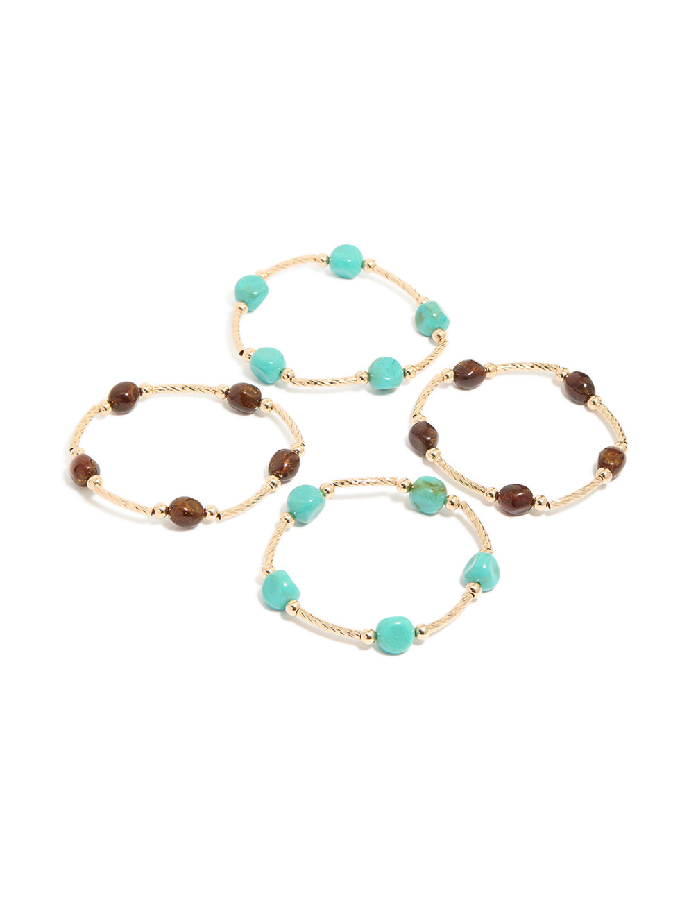 Gold Brown & Turquoise Beaded Thin Connector Bracelets 4-Pack