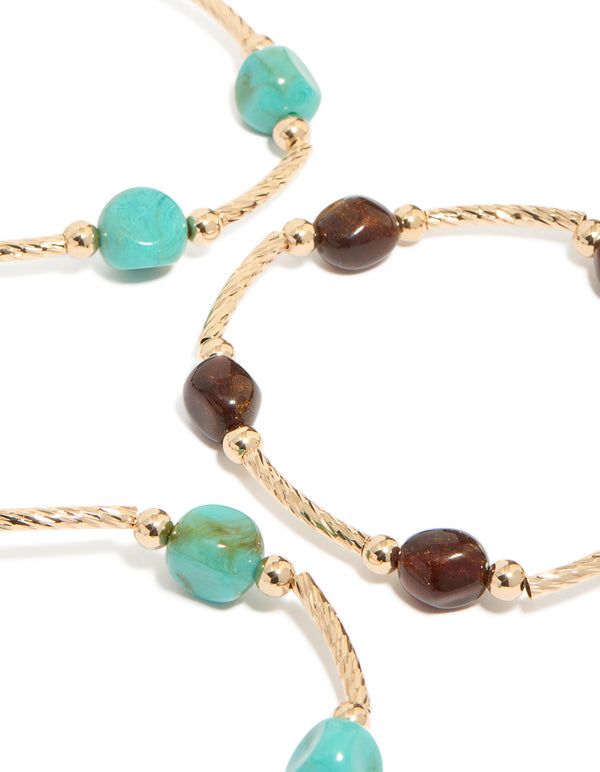 Gold Brown & Turquoise Beaded Thin Connector Bracelets 4-Pack