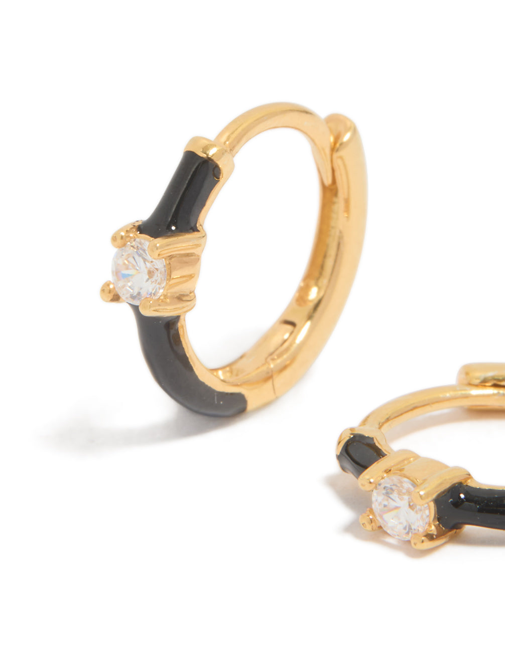 Gold Plated Sterling Silver Cubic Zirconia & Black Enamel Huggie Earrings