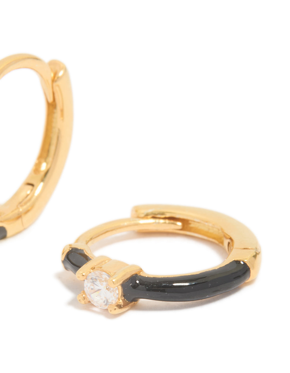 Gold Plated Sterling Silver Cubic Zirconia & Black Enamel Huggie Earrings