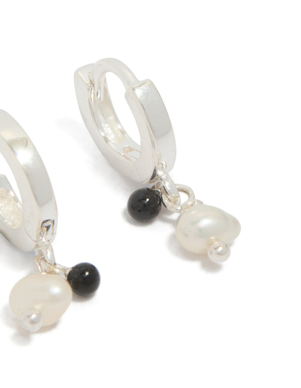 Sterling Silver Pearl & Black Stone Drop Huggie Earrings