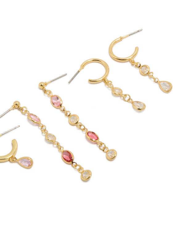 Gold Plated Brass Multicoloured Diamantes Drop & Stud Earrings 4-Pack
