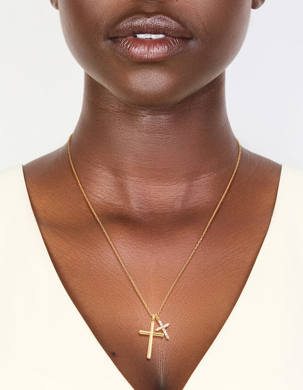 Gold Plated Brass Double Cubic Zirconia Cross Necklace