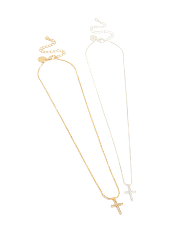 Explore mixed metal plated brass cubic zirconia cross pendant necklaces in gold and silver 2-pack front view
