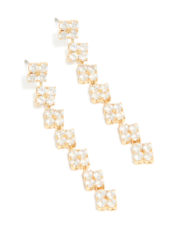 Gold Plated Cubic Zirconia Multi Flower Drop Earrings