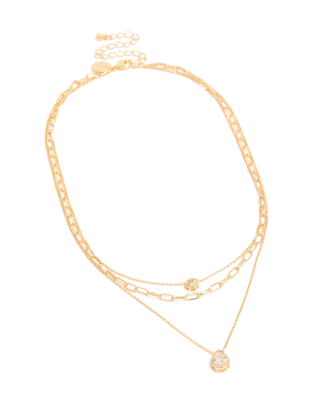 Gold Plated Cubic Zirconia Bezel Triple Layered Chain Necklace