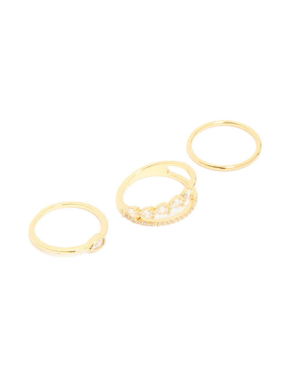 Showcasing gold plated cubic zirconia teardrop and band rings in a dainty 3-pack set with crystal accents front view