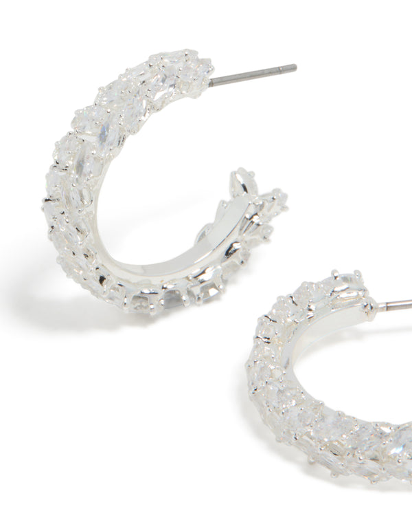 Silver Plated Cubic Zirconia Medium Leaf Hoop Earrings
