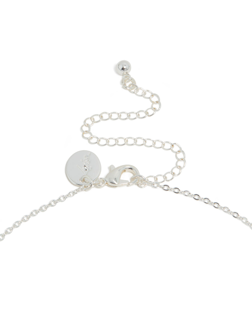Displaying a silver plated cubic zirconia dainty vine spaced necklace with leaf design clasp detail view