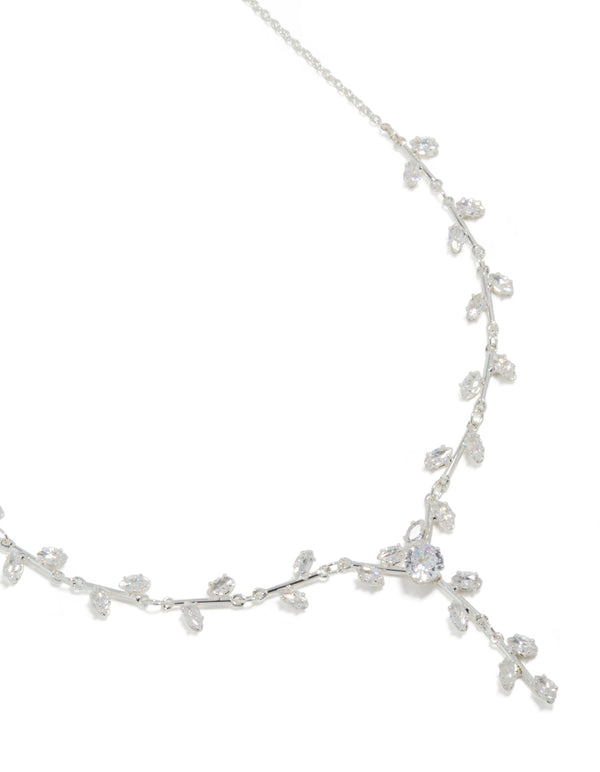 Showcasing a silver plated cubic zirconia dainty vine spaced necklace featuring leaf details close up view