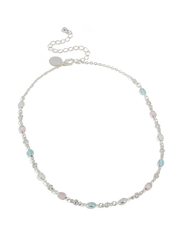 Silver Plated Pink & Blue Cubic Zirconia Mixed Oval Necklace