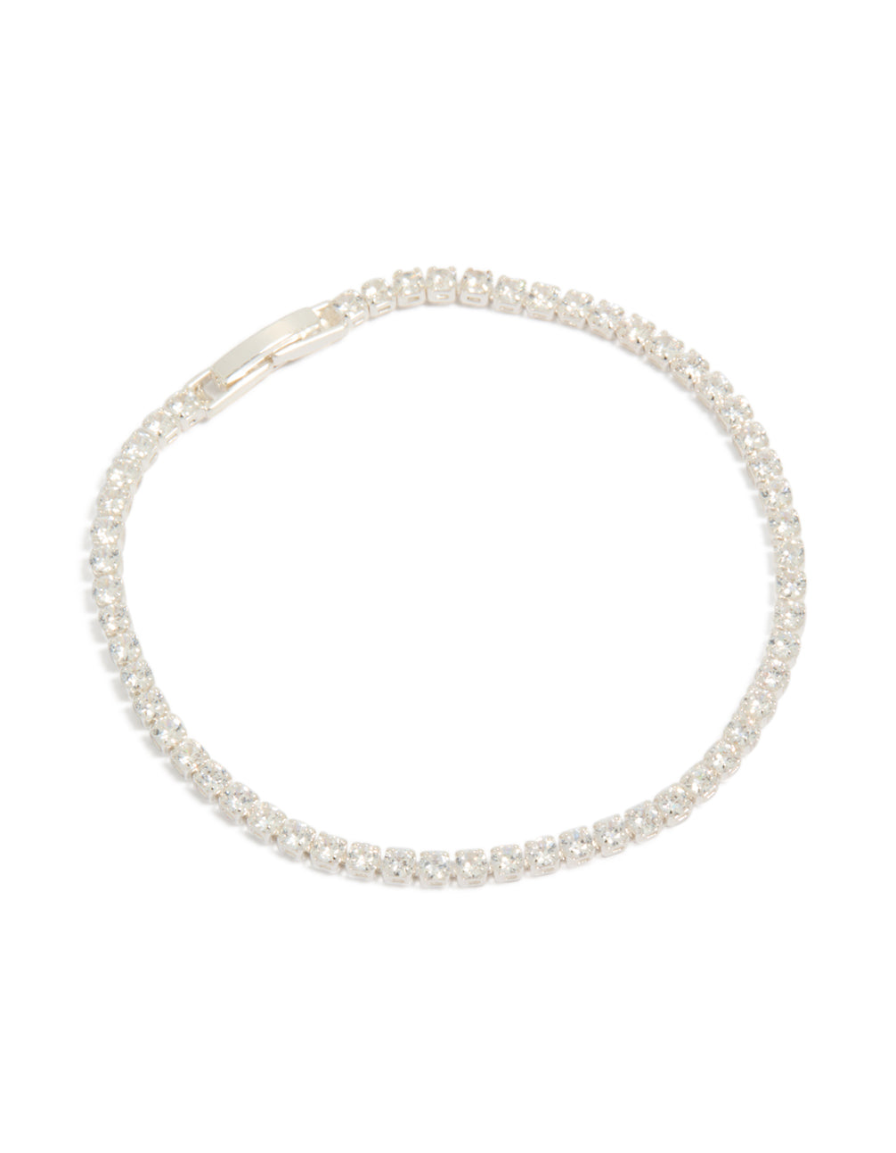 Showcasing a silver plated cubic zirconia small square tennis bracelet with glitter accents front view
