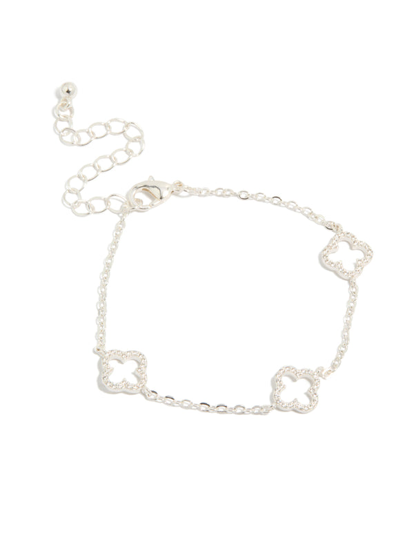 Elegant silver plated bracelet with cubic zirconia outline flower front view