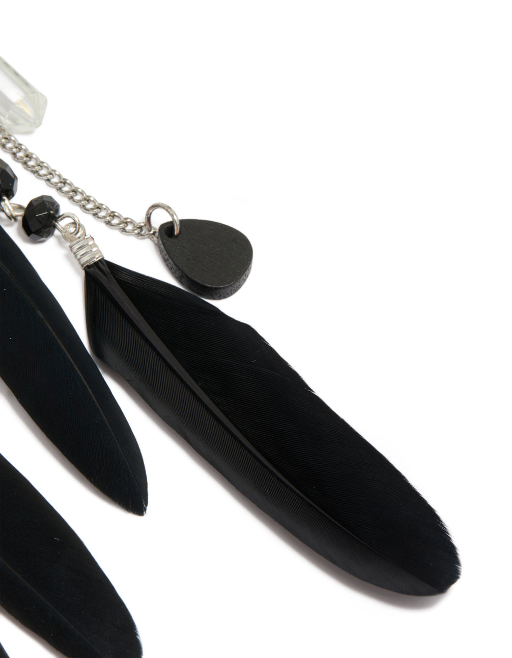 Antique Silver Black Feather & Chain Drop Earrings