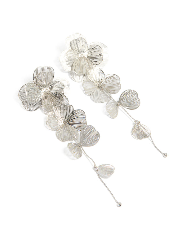Silver Long Floral Drop Earrings