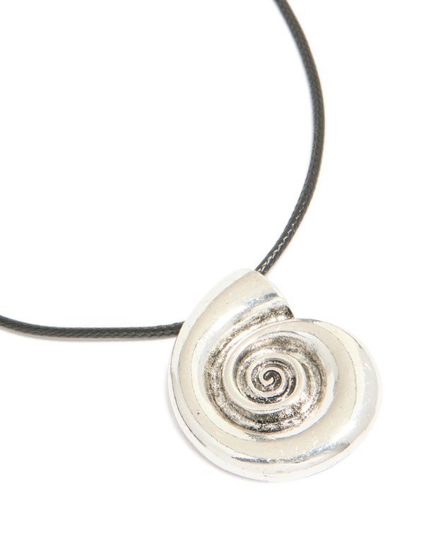 Antique Silver Swirl Shell Pendant Cord Necklace