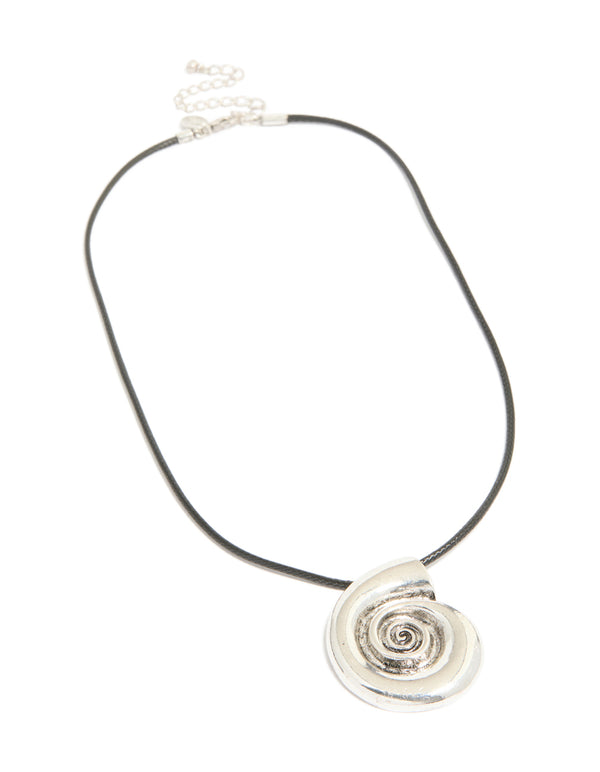 Antique Silver Swirl Shell Pendant Cord Necklace