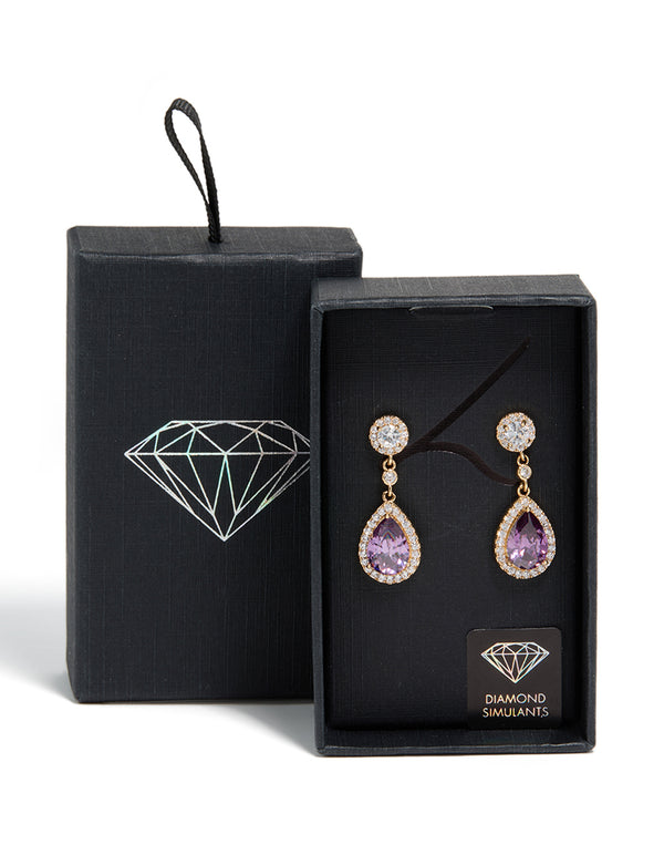 Gold Purple Cubic Zirconia Double Drop Earrings