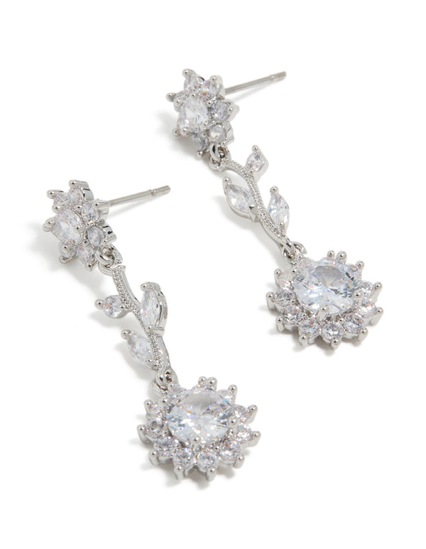 Silver Cubic Zirconia Vine Floral Drop Earrings