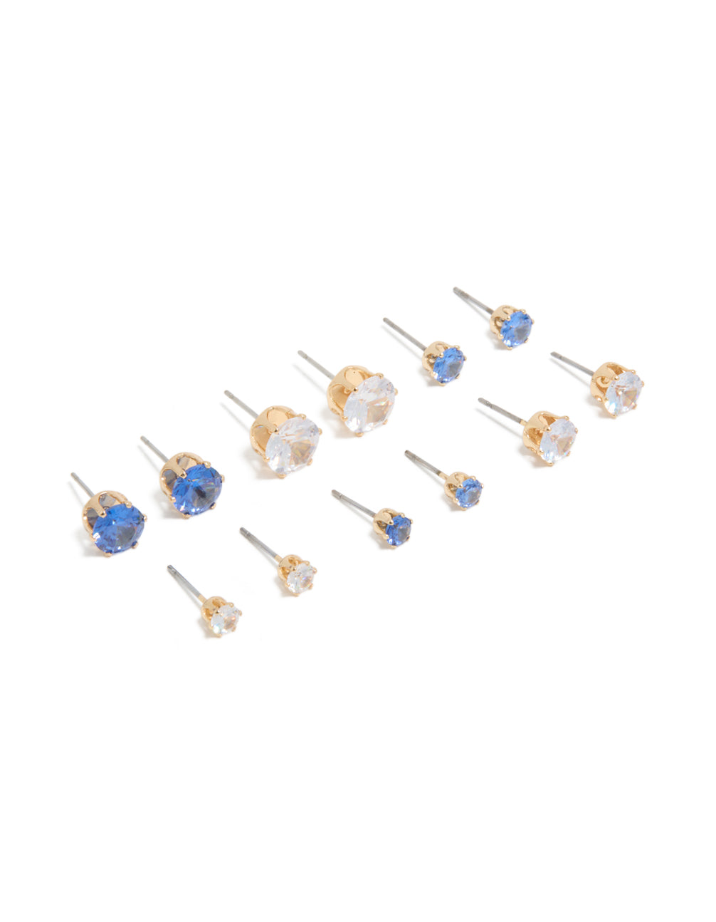 Gold Classic Blue & Clear Cubic Zirconia Stud Earrings 6-Pack