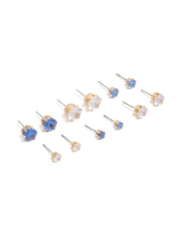 Gold Classic Blue & Clear Cubic Zirconia Stud Earrings 6-Pack