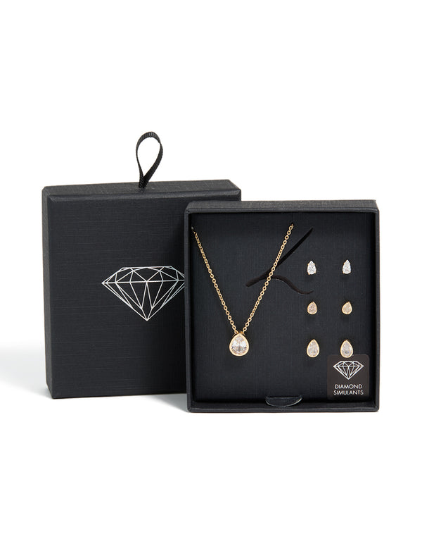 Gold Clear Cubic Zirconia Pear Bezel Necklace & Earrings Set