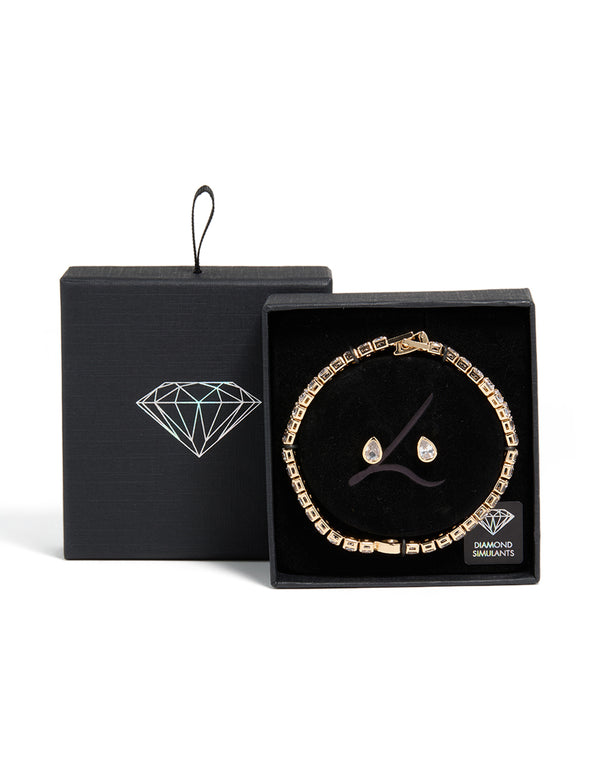 Gold Clear Cubic Zirconia Bezel Tennis Bracelet & Earrings Set