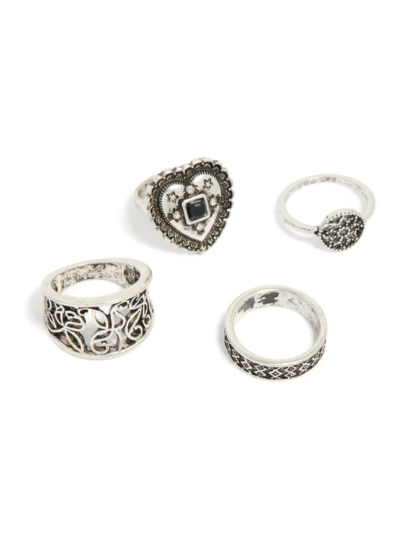 Antique Silver Heart & Textured Rings 4-Pack