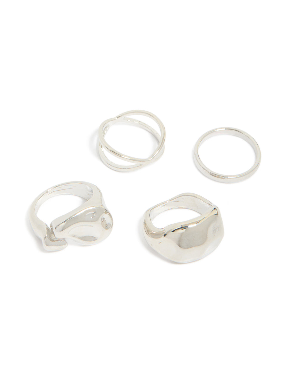 Beautifully crafted silver clean and molten rings 4-pack with chunky style front view