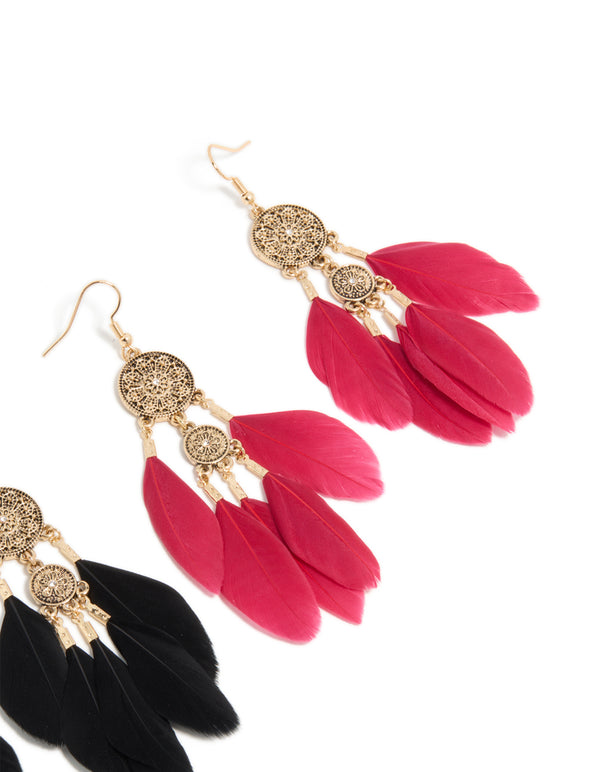 Antique Gold Black & Pink Boho Feather Drop Earrings Pack