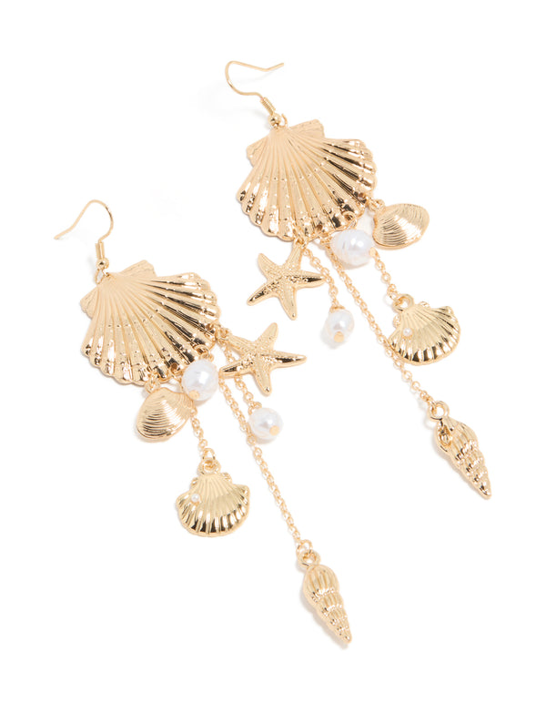 Gold Pearl & Multi Shell Drop Earrings