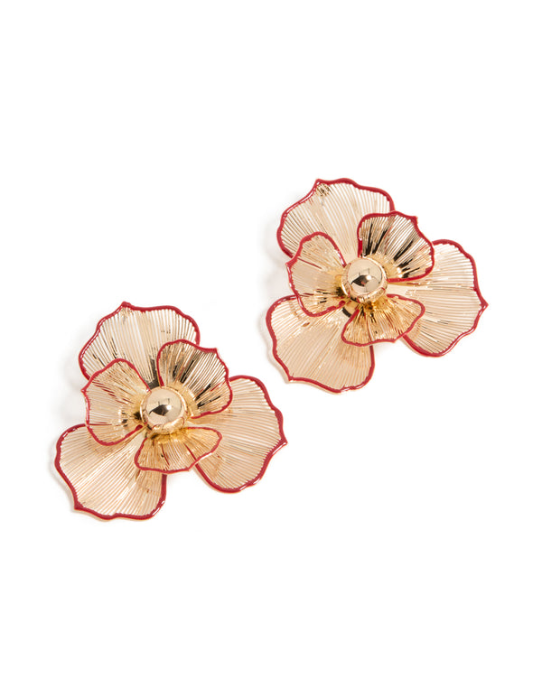 Gold Statement Red Outline Flower Stud Earrings