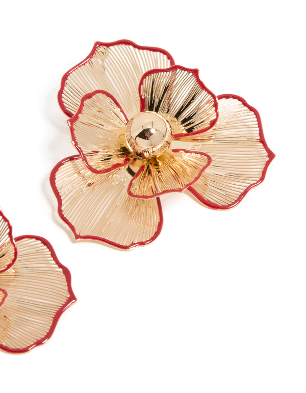 Gold Statement Red Outline Flower Stud Earrings